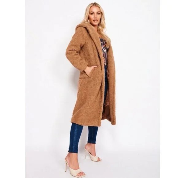 Brown Long Sleeve Hooded Hoodie Long Maxi Borg Teddy Bear Fur Coat - Picture 9 of 15